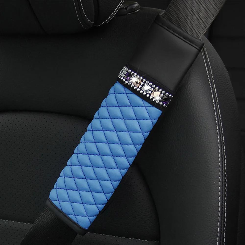 1Pc Universal Car Leather Diamond Rhinestone Seat Belt Cover Breathable Braided Plaid Auto Shoulder Protector Car Accessories