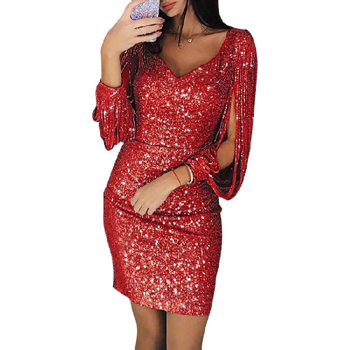 European & American Glam Sequin Tassel Long Sleeve Party Dress