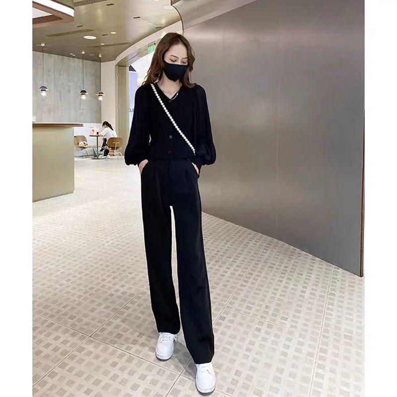 Autumn and Winter Temperament Fashion Suit for Women Petite Design Puff Sleeve Chiffon Shirt Casual High Waist Wide Leg Pants Two Piece Set