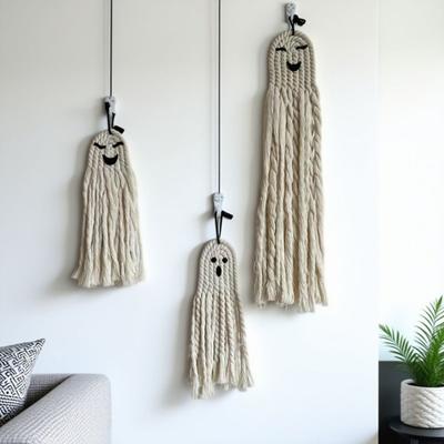 Halloween Ghost Wall Hanging Decoration Boho Handwoven Cotton Rope Ghost Ornaments for Indoor Outdoor Haunted House Decor
