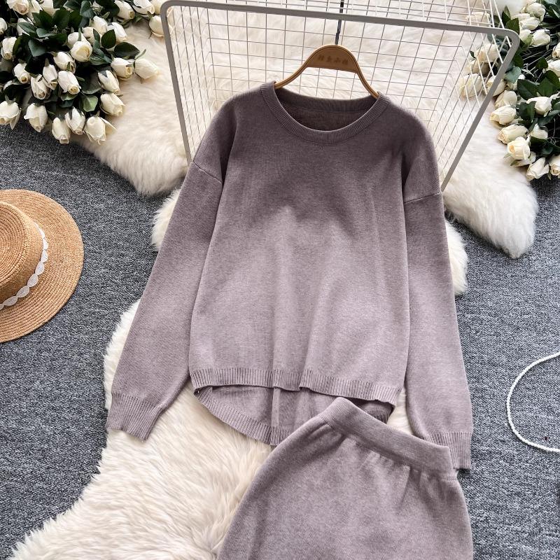 Tvådelat set Damkläder Mild Stil Lättslappig Lös passform Pullover O-hals Långärmad Stickad Tröja Midi Bodycon Kjolar