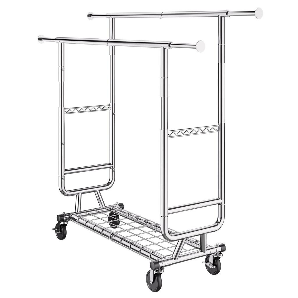 Heavy Duty Clothes Rack, Double Hanging Rod Clothing Garment Rack for Hanging Clothes, Adjustable Height and Extendable Length Clothing Rack with