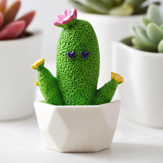 Mini Artificial Cactus Plants In Pots, Compact Faux Potted Cactus Ornaments, Resin Small Decorative Plant for Home Office Desk Tabletop Shelf Decor