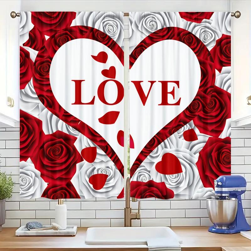 2 Pieces, Love Printed Window Curtains, Rod Pocket Design, Easy to Hang, Semi-Transparent Privacy Curtains