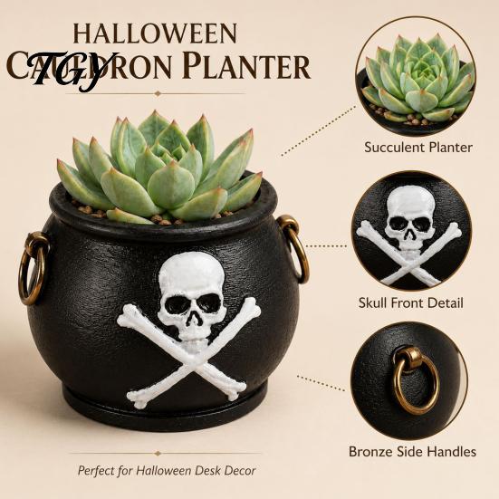 Trendy Plant Gift for Friends Witches Cauldron Planter, Halloween Skull Flower Pot, Gothic Resin Table Centerpiece Black Pot Candy Bowl Herbs, Indoor,