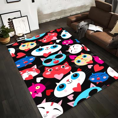 Colorful Cartoon Cats and Hearts Pattern On Black Background for Cute Decorative Carpet Suitable for Use As an Anti-slip1 For1room and Bedroom Sofas