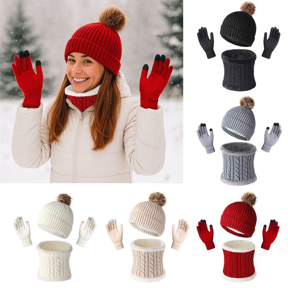 3pcs/set Keep Warm Winter Knitted Hat Thicken Warm Pullover Hat Soft Winter Hat Set  Women