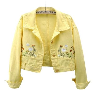 Women Long Sleeve Chic Floral Embroidery Crop Denim Coats Lapel Single Breasted Jeans Jacket Vintage Streetwear Female Outerwear
