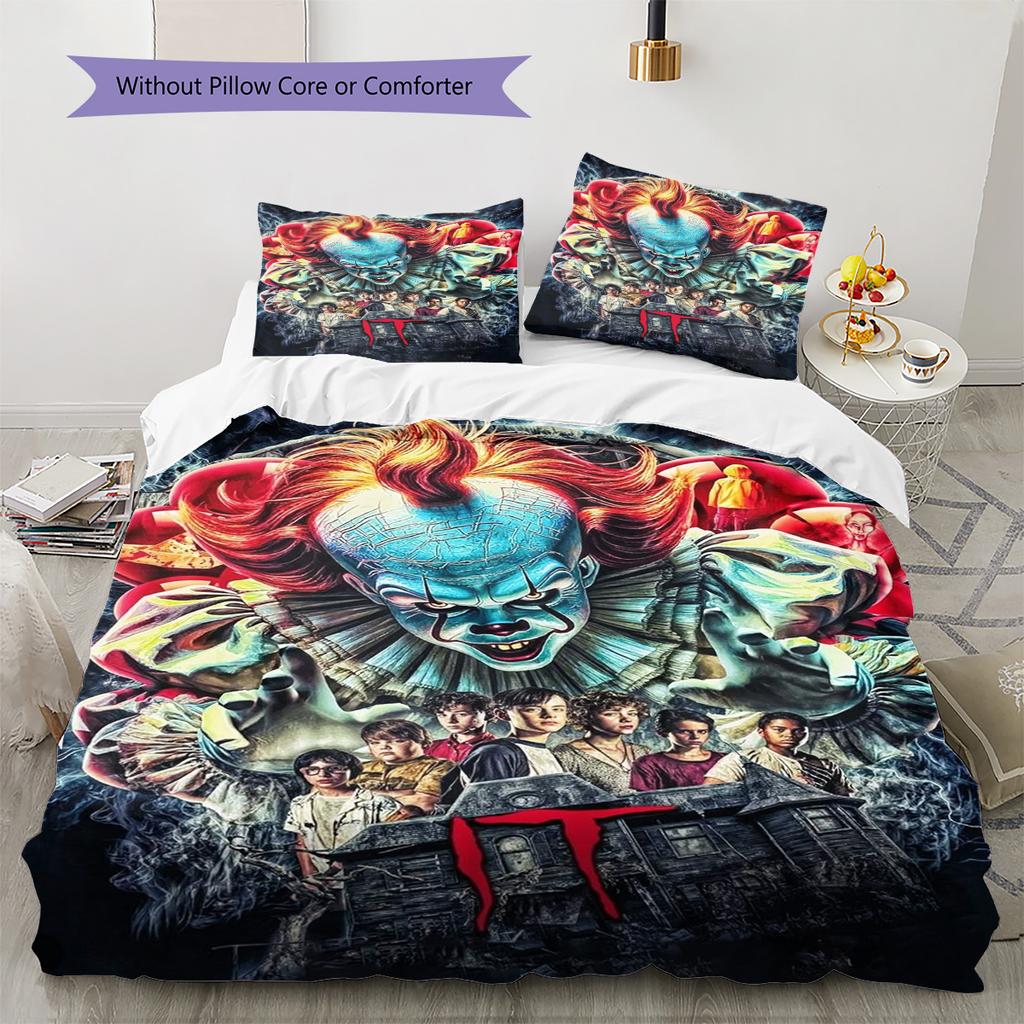 It Clown Horror Pattern Bedding Set Quilt Cover Pillowcase Home Decor Gift (1 * Duvet Cover + 2 * Pillowcase, Without Core)