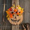 Illuminated Pumpkin Garland with Lights Wooden Halloween Door Sign LED Lights, Artificial Floral Hanging Burlap Wreath Berries Ornament for