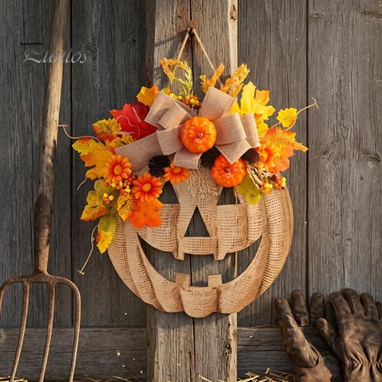 Illuminated Pumpkin Garland with Lights Wooden Halloween Door Sign LED Lights, Artificial Floral Hanging Burlap Wreath Berries Ornament for