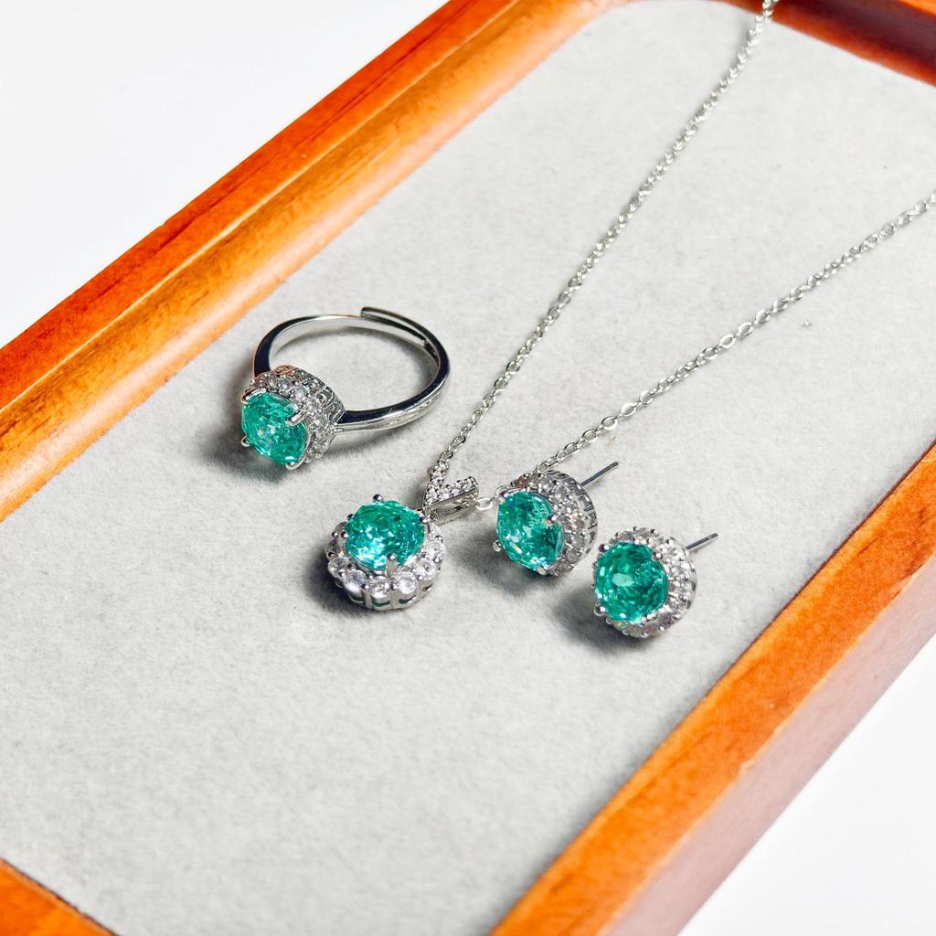 Gessen Paraiba Schlichtes Rosenschliff Schmuckset: Exquisite Ohrringe, Ring & Anhänger im leichten Luxusstil.