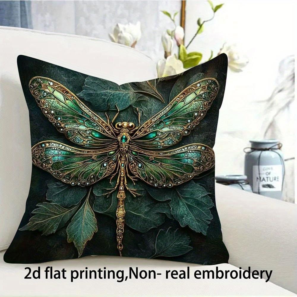 1Pc Of Luxurious Decorative Pillowcase - Elegant Dragonfly Pattern In Green Gold - Single-Sided Printed Unfilled Design