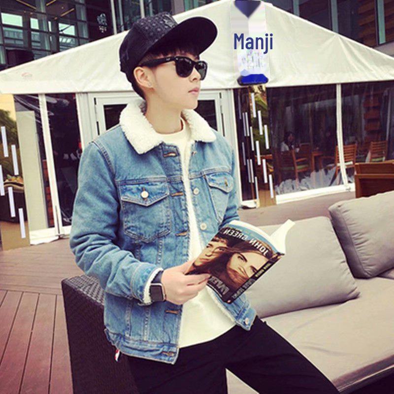 

Мужская джинсовая куртка на бархатной подкладке с отделкой из искусственной овечьей шерсти M