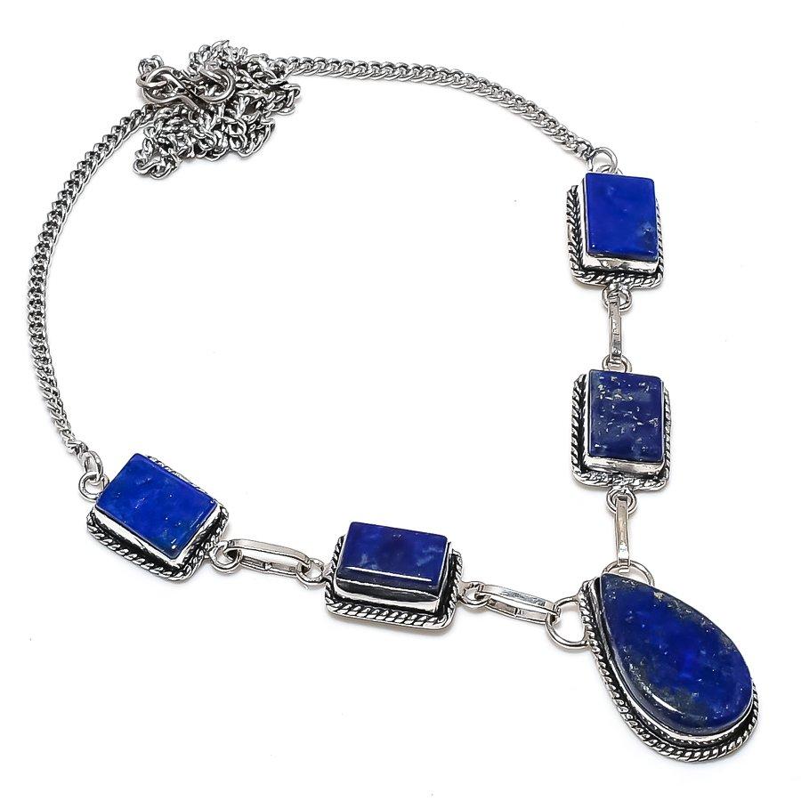 Natural Lapis Lazuli Gemstone 925 Sterling Silver Jewelry Necklace 18" o8a49