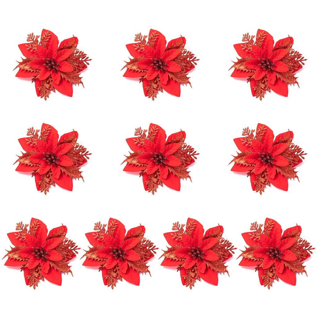 10pcs Glitter Artificial Poinsettia Flower Christmas Decorations for XmasTree Wreath Ornament Wedding Home New Year Gift