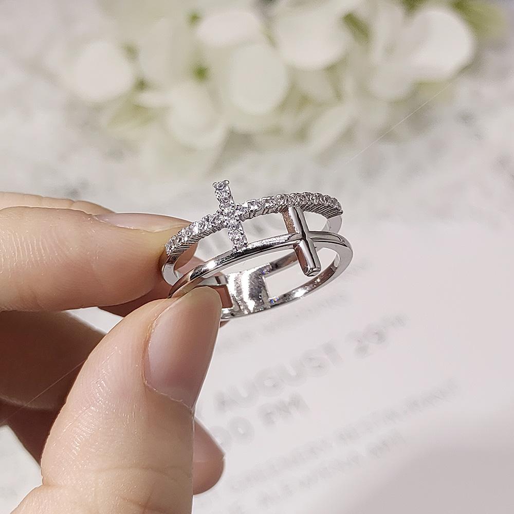 Double Cross Rings for Women Minimalist Cubic Zirconia Rose Gold Finger Accessories Female Jewelry Large Size R758