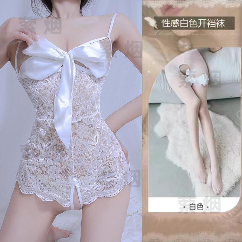 Sex underwear lace temptation transparent hollow sexy onesie bow qqny open uniform set