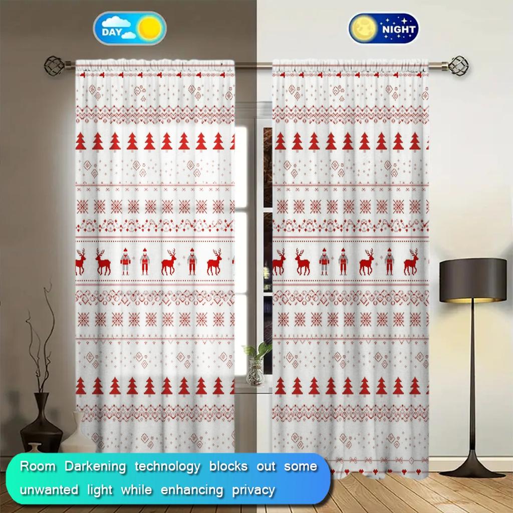 2pcs Christmas Deer Forest Pattern Printed Curtain for Home Decor - Rod Pocket Window Treatment for Bedroom, Office, Kitchen