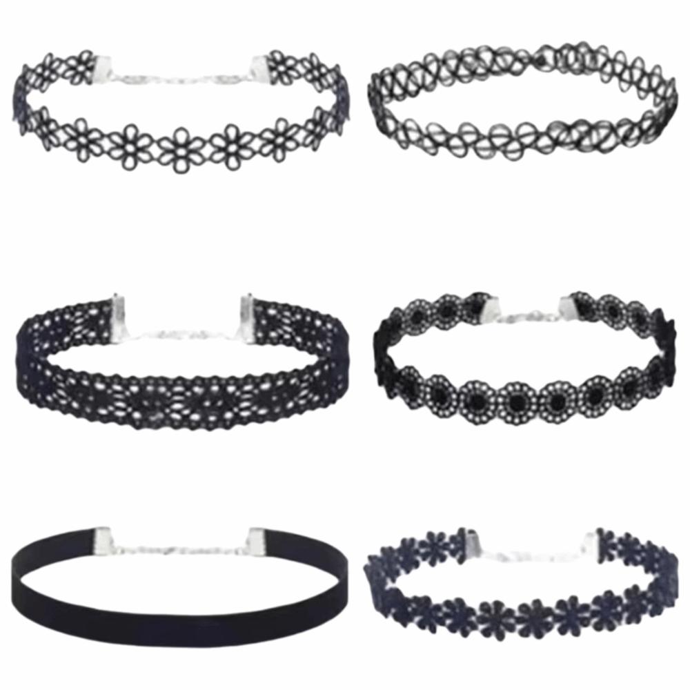 6 шт./комплект Кружевные чокеры в винтажном стиле Регулируемое панк-ожерелье Модное готическое эластичное ожерелье Вечеринка чёрный