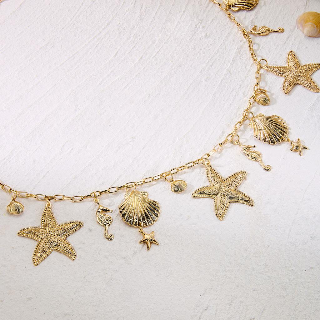 Chic Tropical Gold Tone Waist Chain For Women Starfish Seahorse Shell Adjustable Body Chain Summer Beachwear Accessories