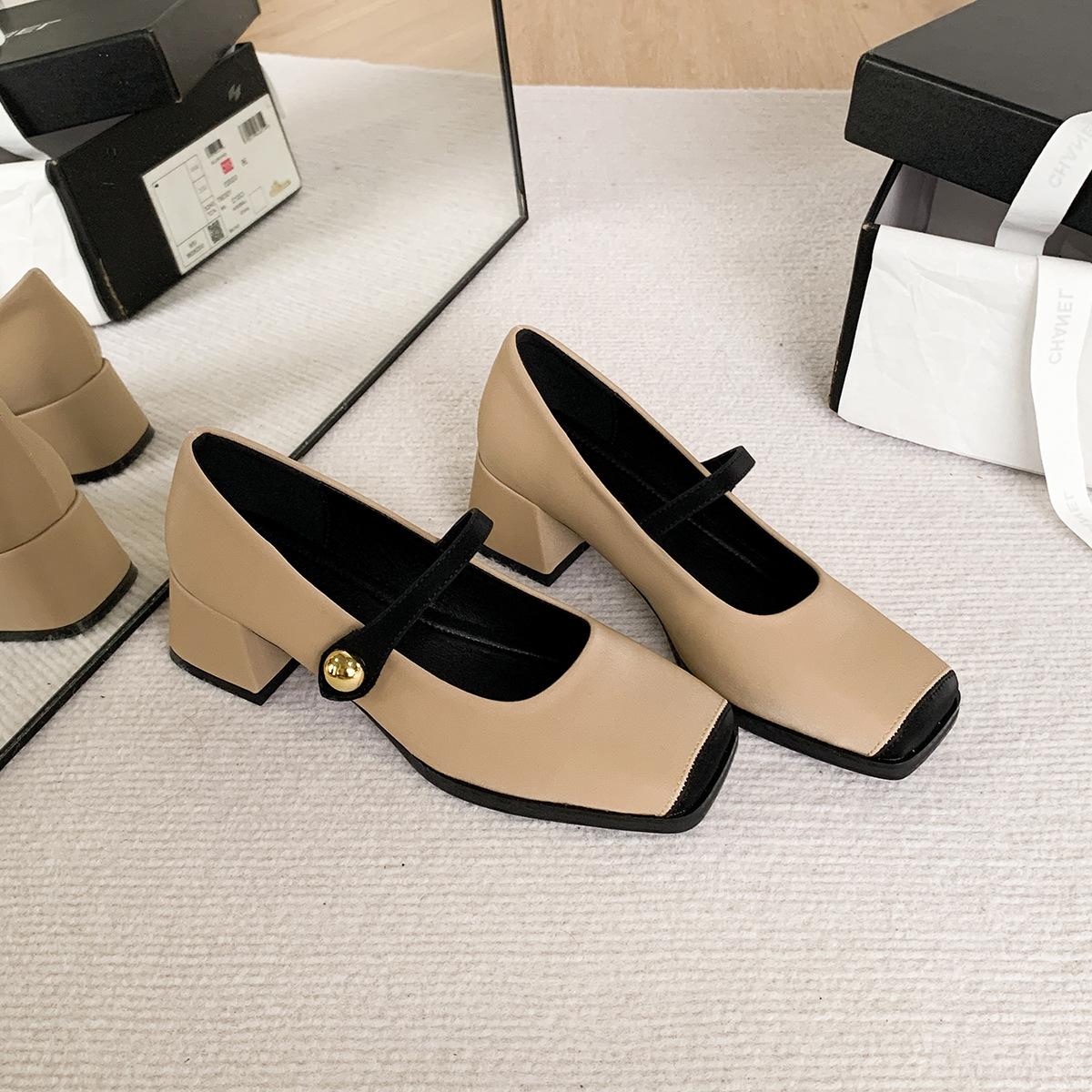 

Модные туфли Мэри Джейн с квадратным носком из ПУ для женщин, лодочки на среднем каблуке 4,5 см, ремешок с пряжкой, элегантные женские офисные туфли для платья, размер 35 40 35 хаки