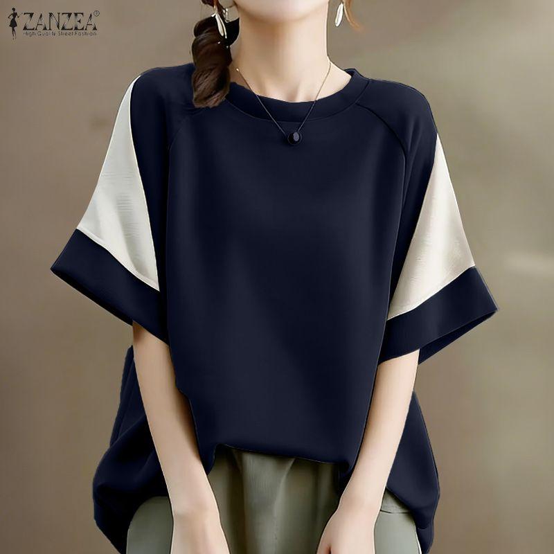 ZANZEA Women Casual Round Neck Loose Splice Short Sleeve T-Shirts