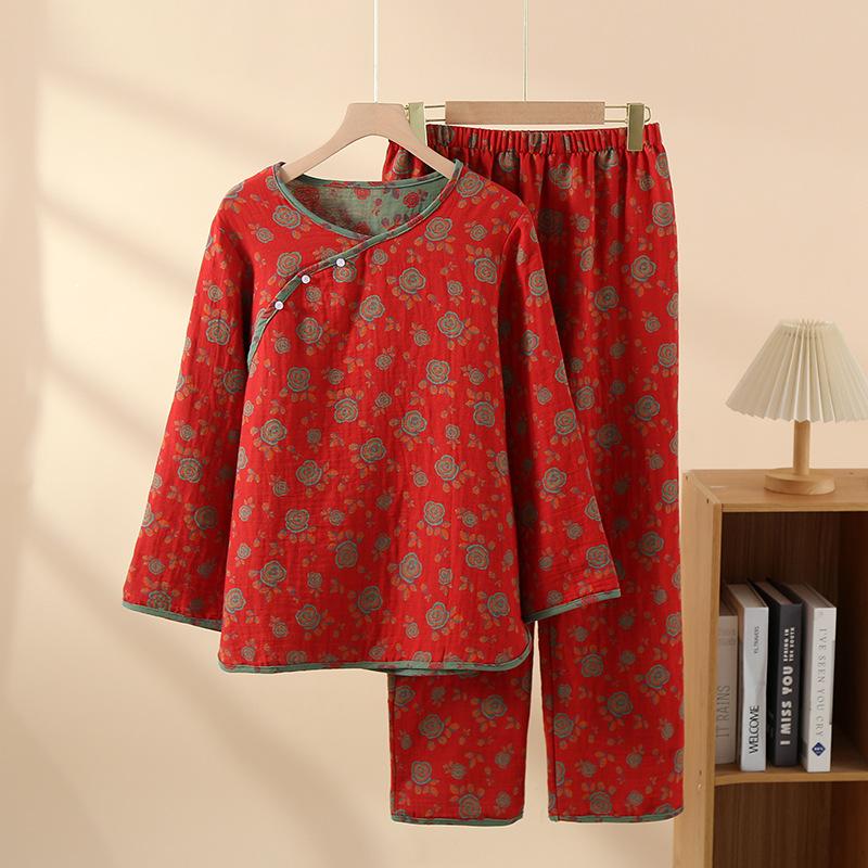 Women's new yarn-dyed pure cotton rich bamboo women's round neck retro pajamas long sleeves trousers set loungewear