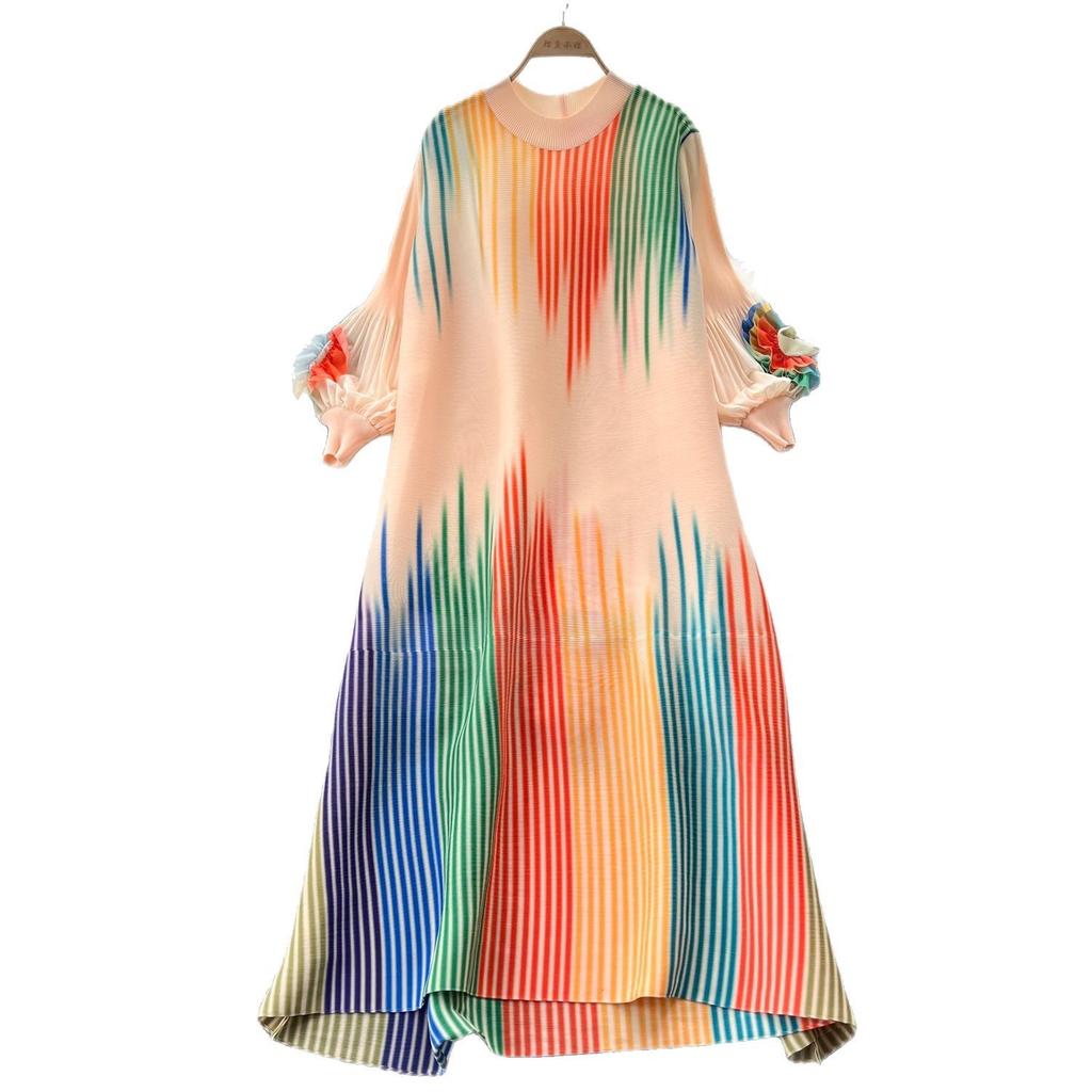 European and American Foreign Style Fashionable and Gradual Change Color Printing Dress Women's Loose Leisure Three-dimensional Flower Lantern Sleeve