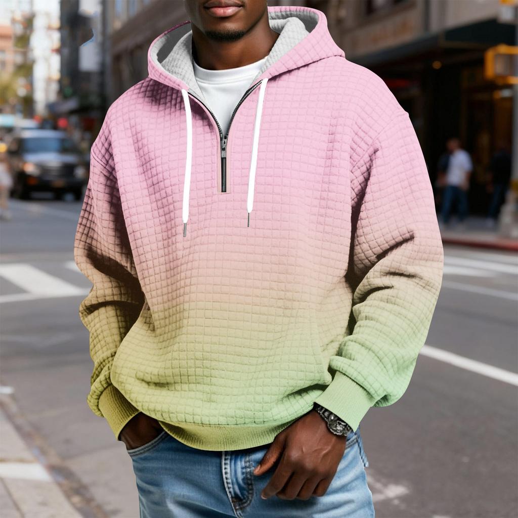 Men's Half-Zip Hooded Plaid Pullover Drawstring Print Casual Sports Sweatshirt