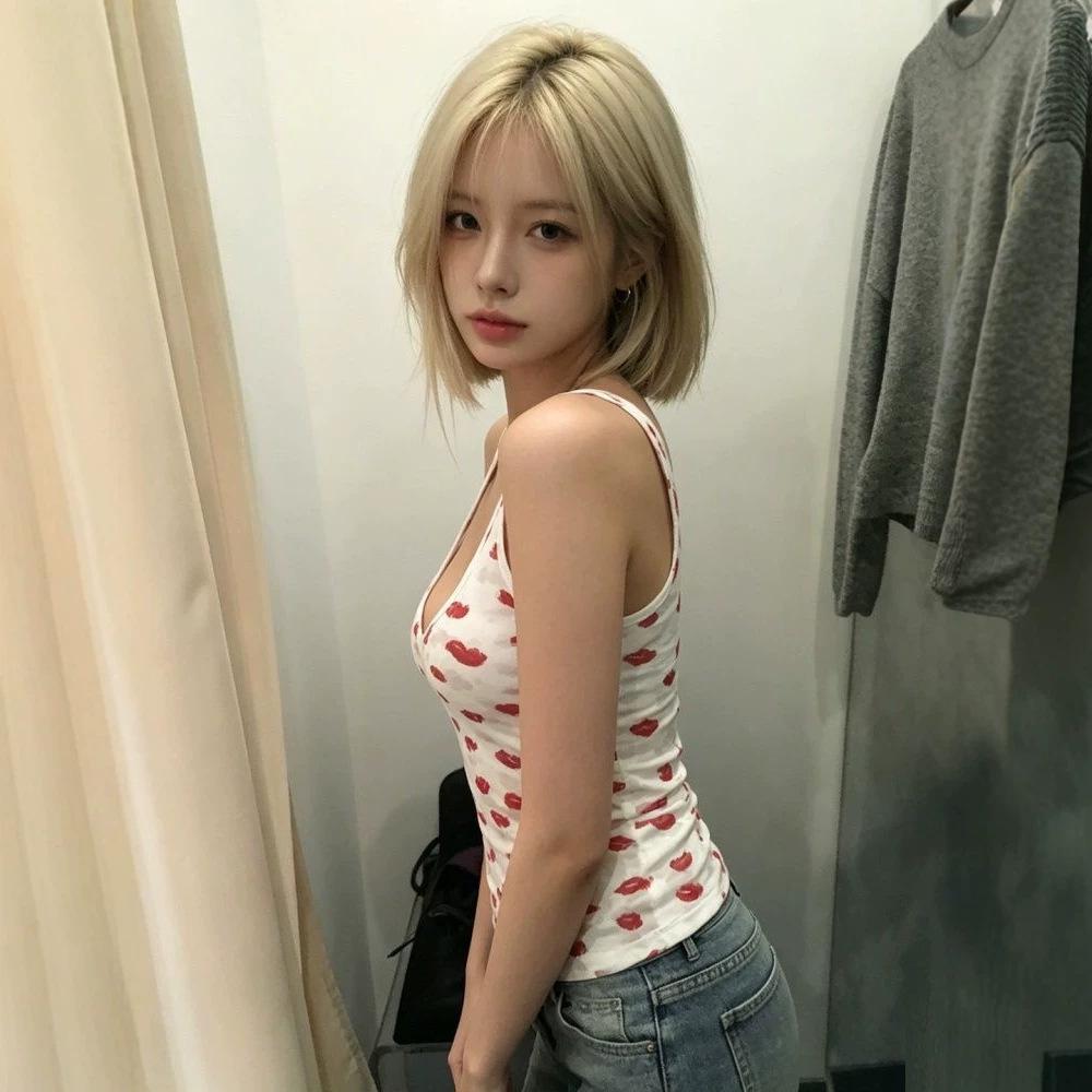 Summer Pure Desire Style Red Lip Printing Suspender Vest Women's New Slim and Thin Super Good-looking Versatile Short Top
