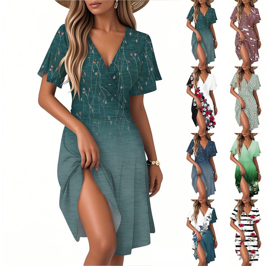 Women's Summer Classic Print Dress Casual Beach A-line V-neck Loose Sundress
