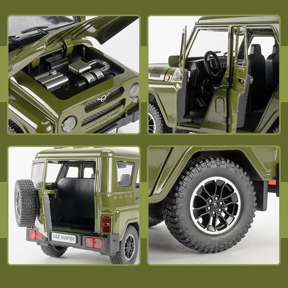 1:18 Scale Russia UAZ Hunter RV Model Car Toys Alloy Diecast Off-road Vehicles Sound Light Doors Opened Pull Back for Boys Gifts