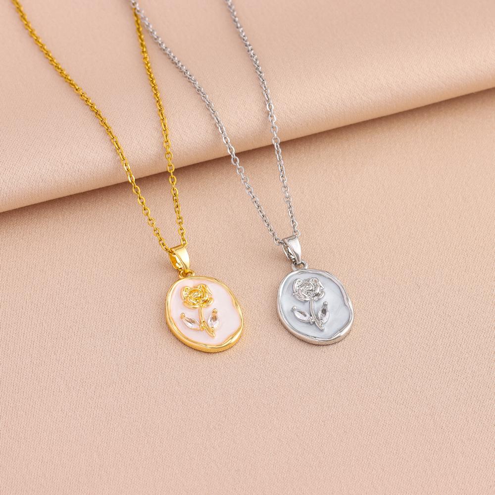 Top Luxury Gold Plated Elegant Retro Oval Rose Pendant Necklaces For Women Female Stainless Steel Neck Chain Jewelry Gift