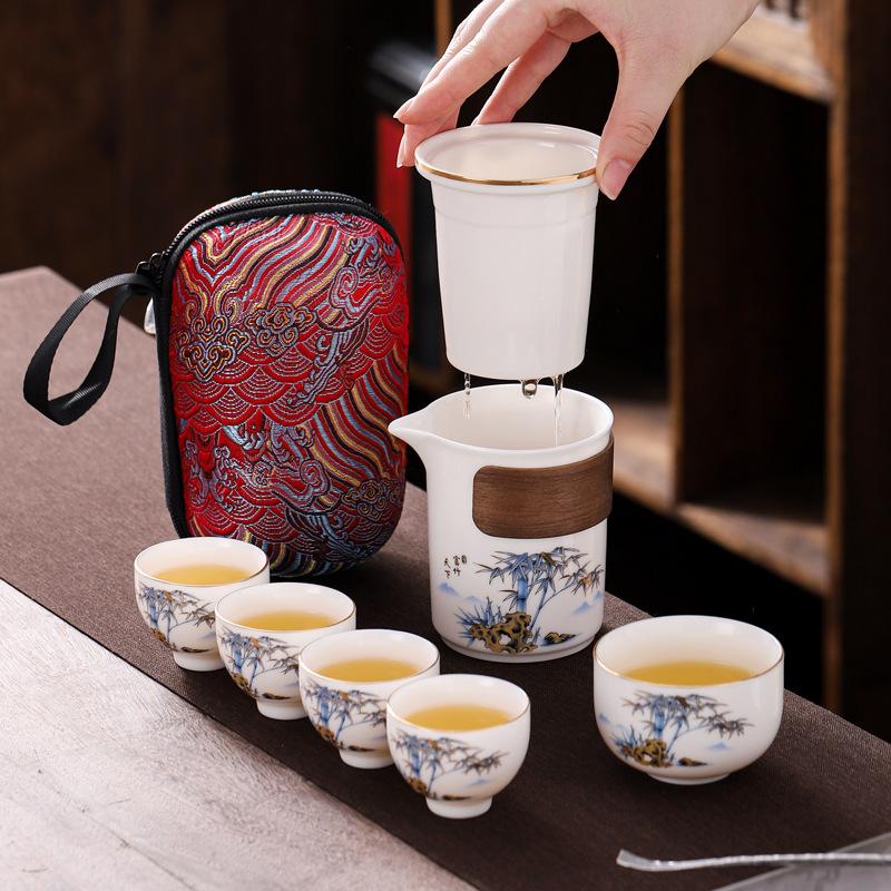 Tea set, portable white porcelain belt bag, portable express cup storage gift, suet jade porcelain business gift box
