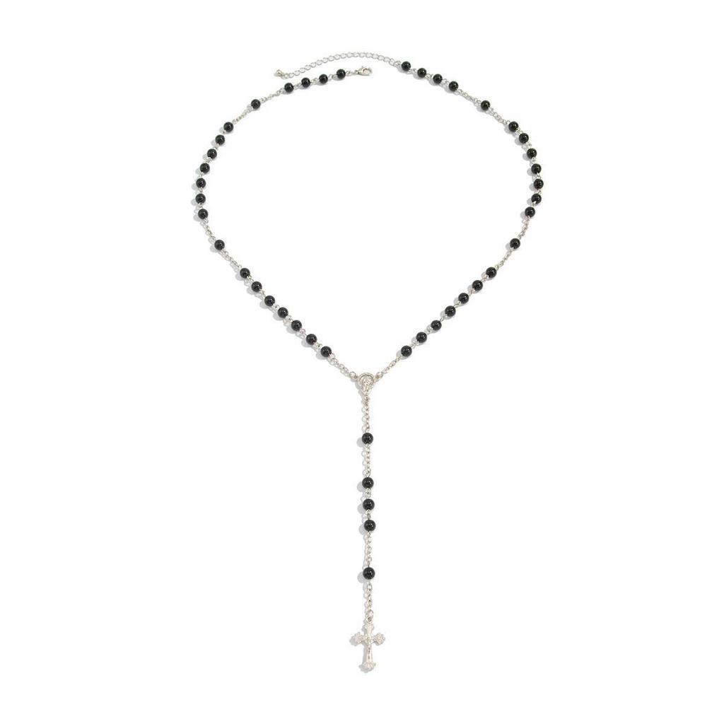 Salircon Gothic Black Red Glass Bead Cross Pendant Exquisite Y-Shaped Necklace Women Vintage Halloween Choker Chain Jewelry Gift