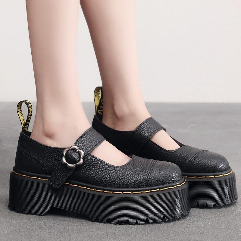 Personaggi con suola spessa e scarpe Mary Jane da donna, scarpe piccole in pelle di primo strato, motivo a litchi, stile college alla moda, fondo a muffin
