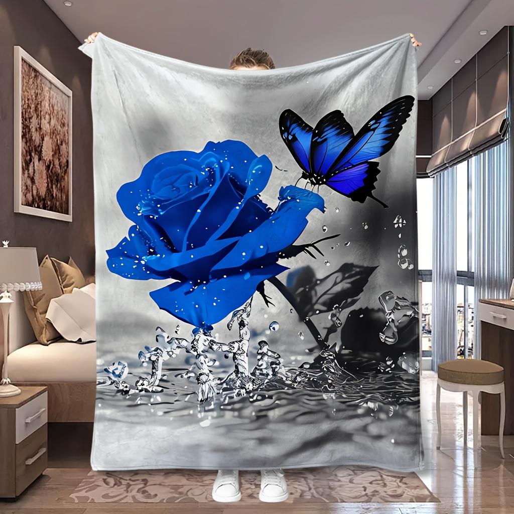 1pc Blue Rose Butterfly Ink Print Flannel Blanket, Comfortable And Practical, Suitable for Blankets, Bed Covers, Dormitory, Camp