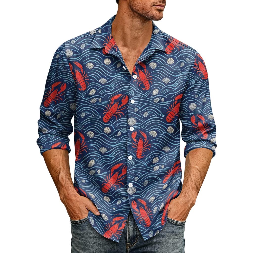 Chemise Hawaïenne Manches Longues Imprimé Homard pour Homme, Col Boutonné, Chemise Décontractée pour Plage, Vacances d'Été et Activités en Plein Air