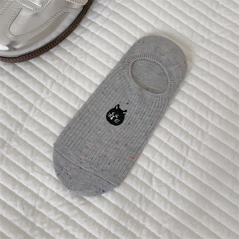 

Cartoon Cute Kitten Embroidered Boat Socks Summer Thin Non-Slip Non-Slip Heel Invisible Socks Shallow Socks Cotton One size