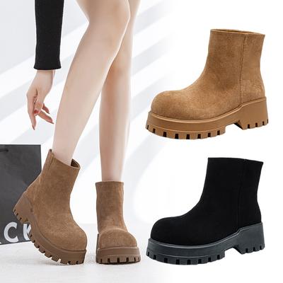 Frosted Cowhide Martin Boots Women's 2025 Autumn and Winter New Rhubarb Boots Thick-soled Heightening British Style Round Head Sleeve Short Boots