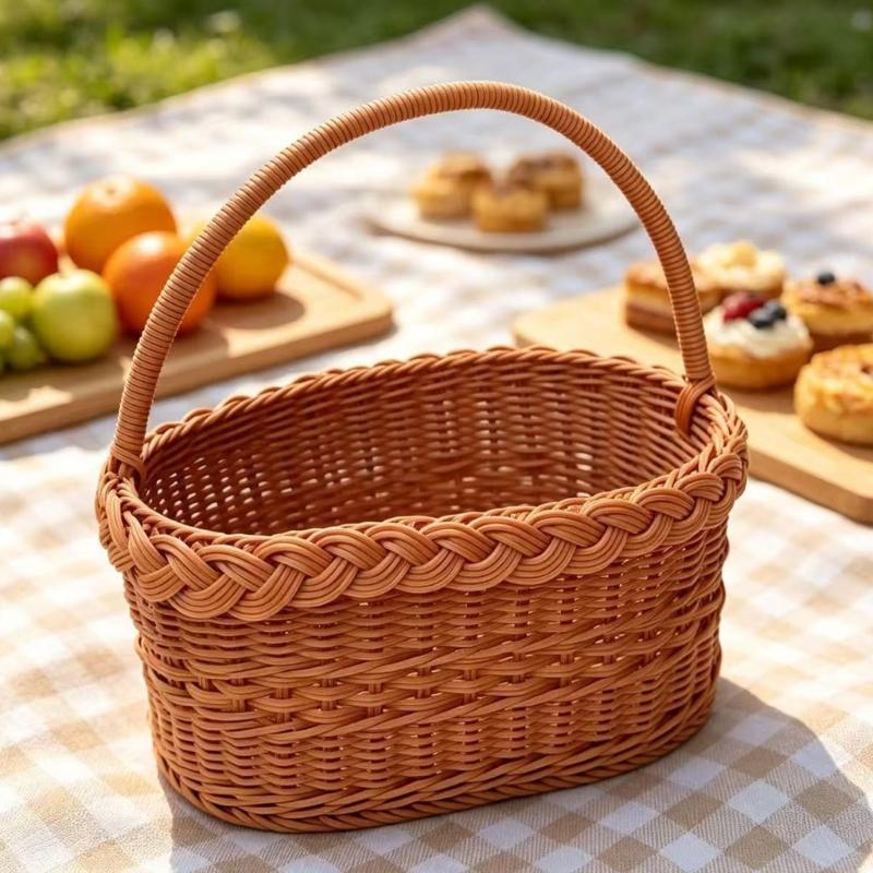 Faux Wicker Basket with Handle, Plastic Fruit Display Basket for Countertop Display, Home Storage, and Carry Use