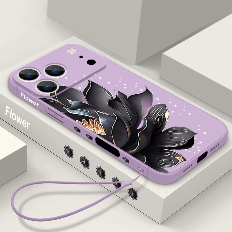 Black Rose Lotus Print Case For iPhone 17 Pro Case for iPhone 17 16 15 14 13 17 Pro Max 16e 15 16 Plus Shockproof TPU Silicone Lanyard Phone Cover