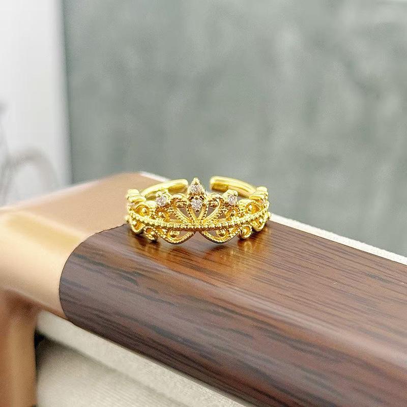 Anel Aberto de Contas de Coroa de Luxo Leve Vintage Medieval Zircônia Requintada Estilo Corte Retrô Francês Anel de Dedo Indicador