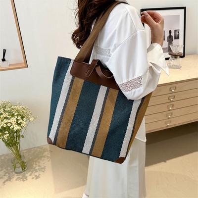 Striped Shoulder Bag Ladies Canvas Tote Bag Zipper Closure Handbag Shoulder Tote for Daily Use Commuting Dating Parties