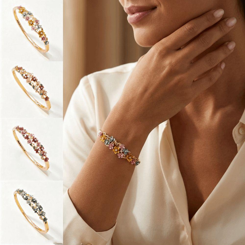 Rhinestone Decor Enamel Bracelet Colorful Floral Open Cuff Bangle Wedding Jewelry
