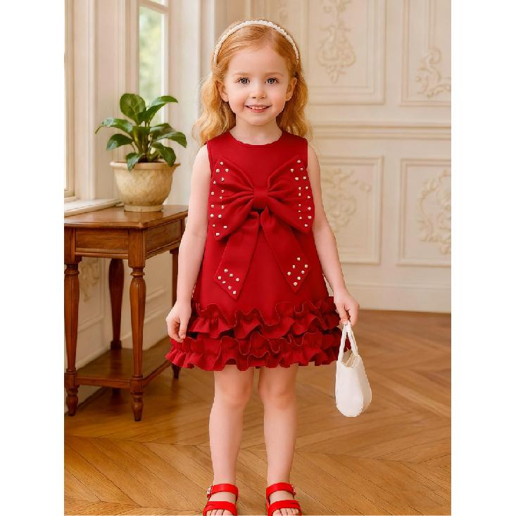 New Sweet Girl's Big Bow Beaded Cake Tank Dress