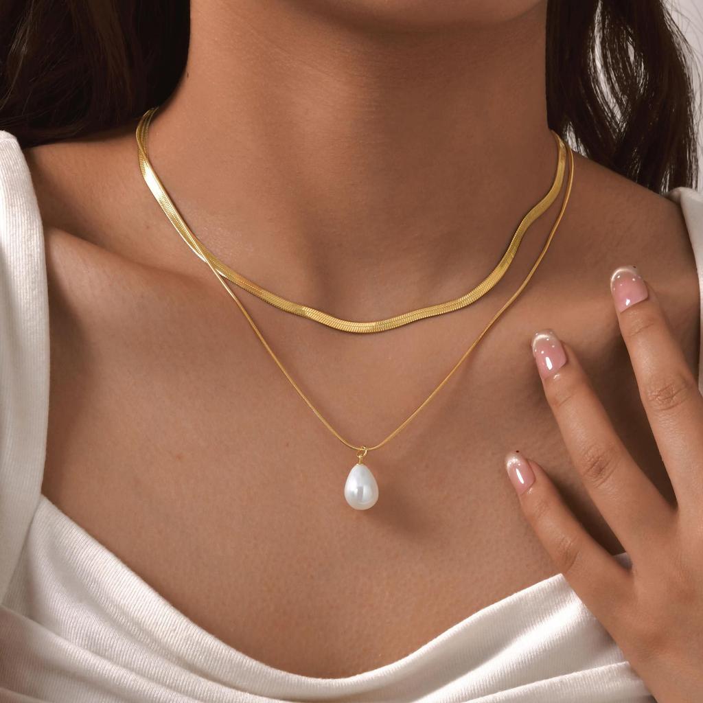 Stainless Steel Water Drop Imitation Pearl Double Layer Stacked Gold Necklace Fashion Jewelry 2076