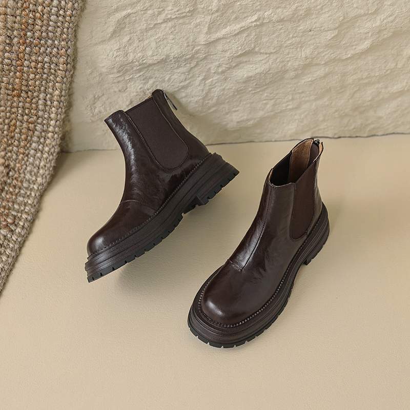 Krazing Pot Sheep Skin Round Toe Winter Med Heels Chelsea Boots Women Zipper Retro Fashion Platform Ankle Boots