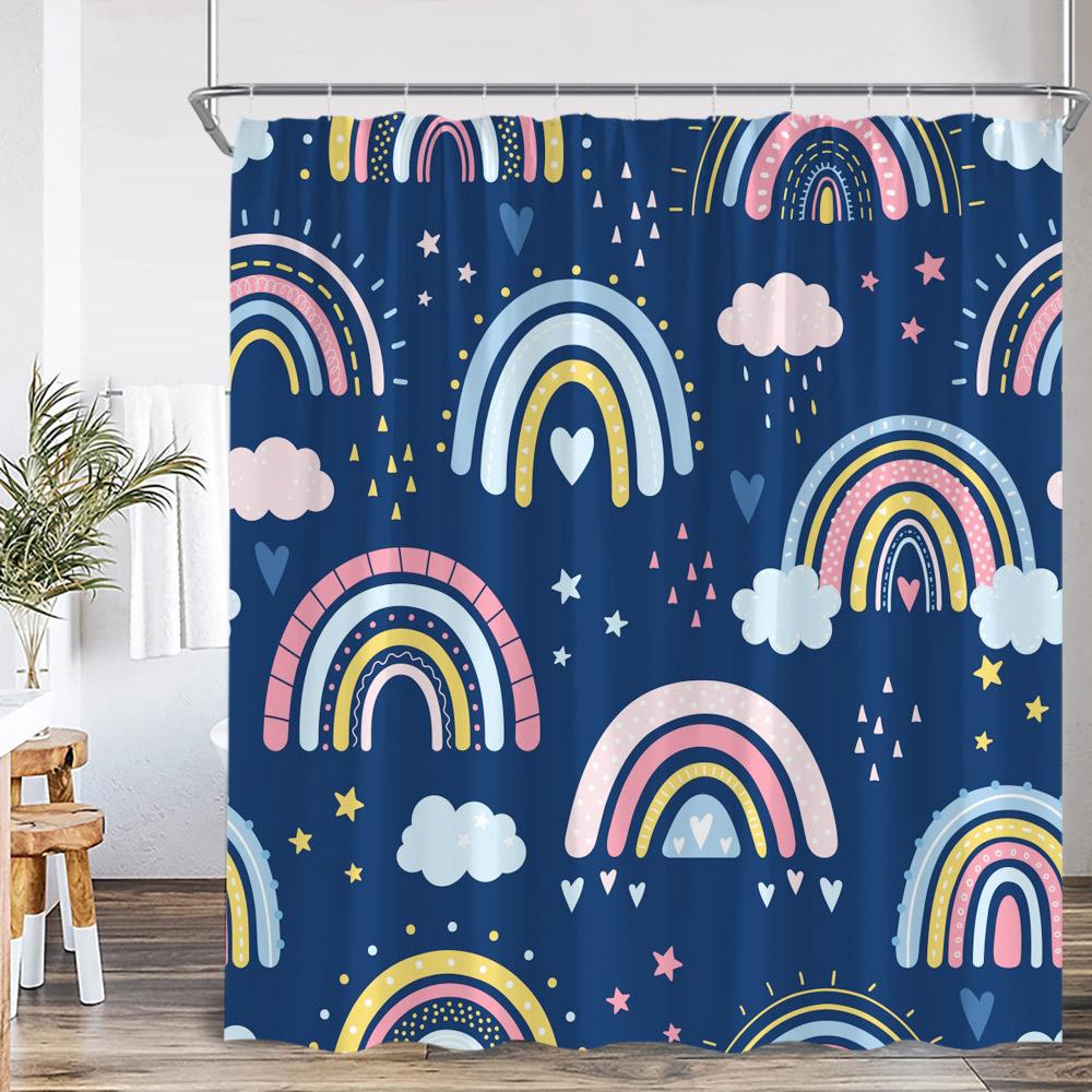 Cartoon Rainbow Kids Bathroom Shower Curtain Hand-Painted Cute Pattern Children Bathtub Decor Children Polyester Bath Curtain
